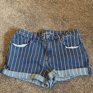 Denim Shorts with Red and White Pinstripes